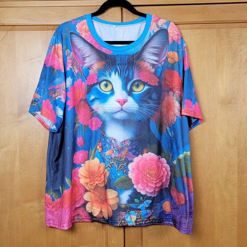 Colorful Kitten and Flowers Tee Shirt - 5XL